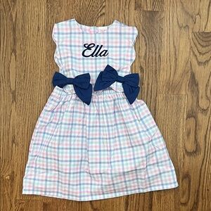 Charming Pastel Plaid Kids Dress with Navy Bows monogrammed Ella
